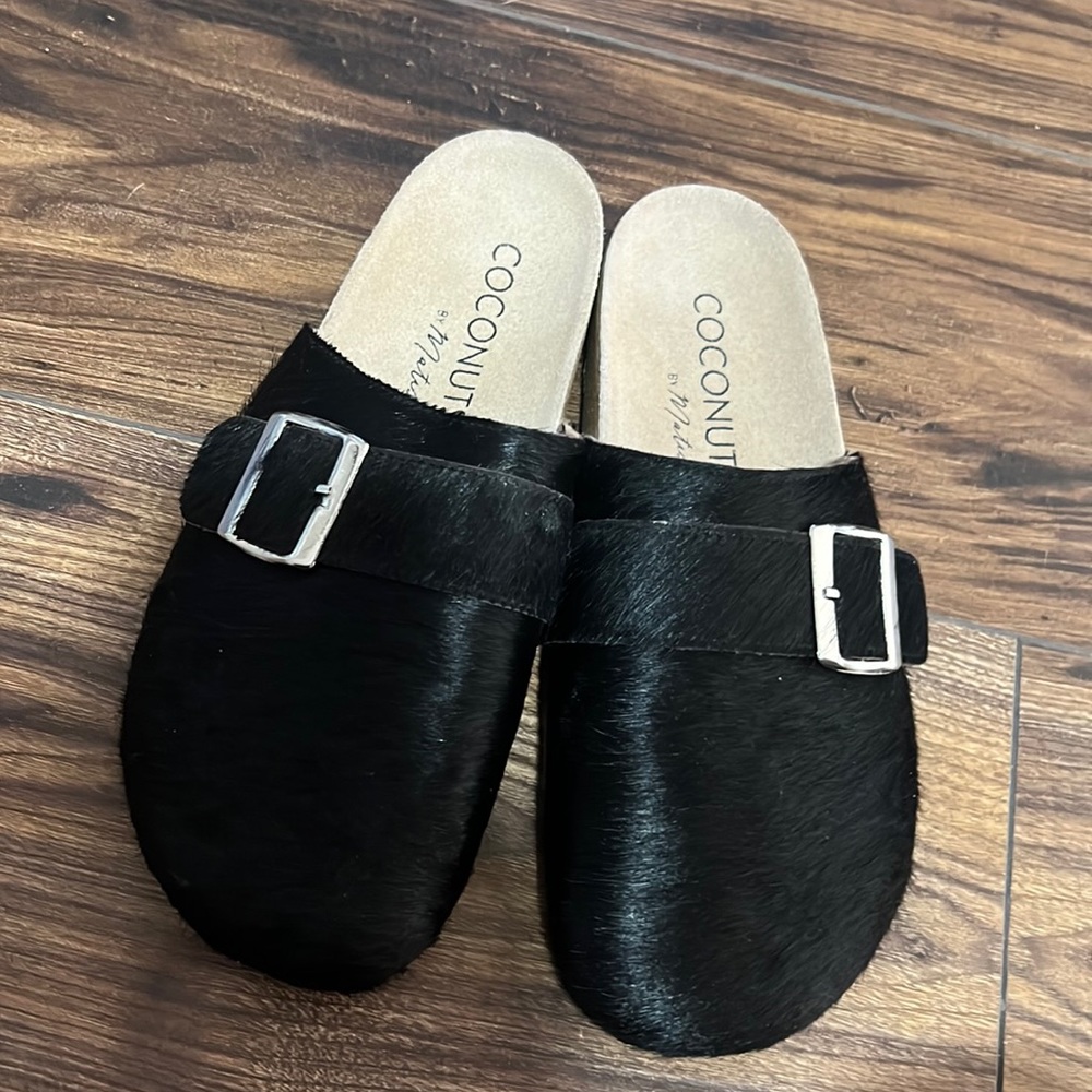 Matisse Black Faux Fur Slide Mules with Silver Buckle Detail
